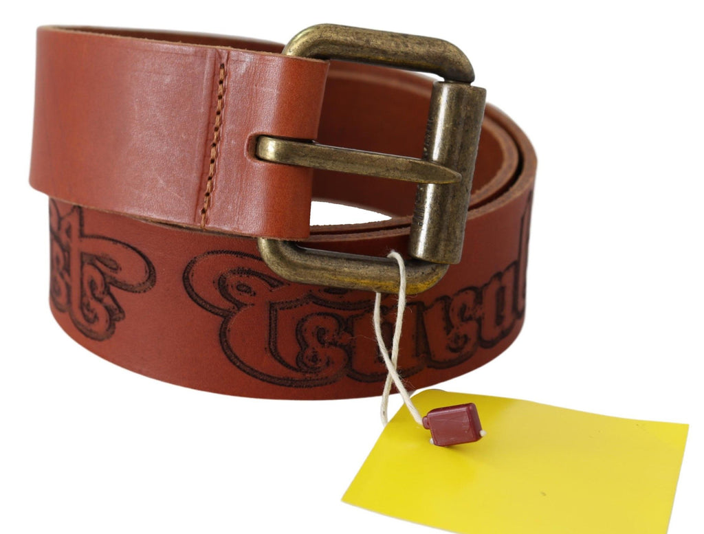 Just Cavalli | Brown Leather Logo Bronze Rustic Metal Buckle Belt