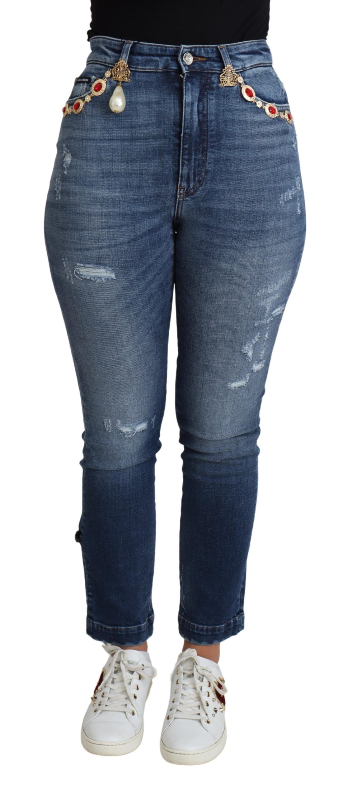 Dolce & Gabbana | Blue Embellished Skinny Trouser Cotton Jeans
