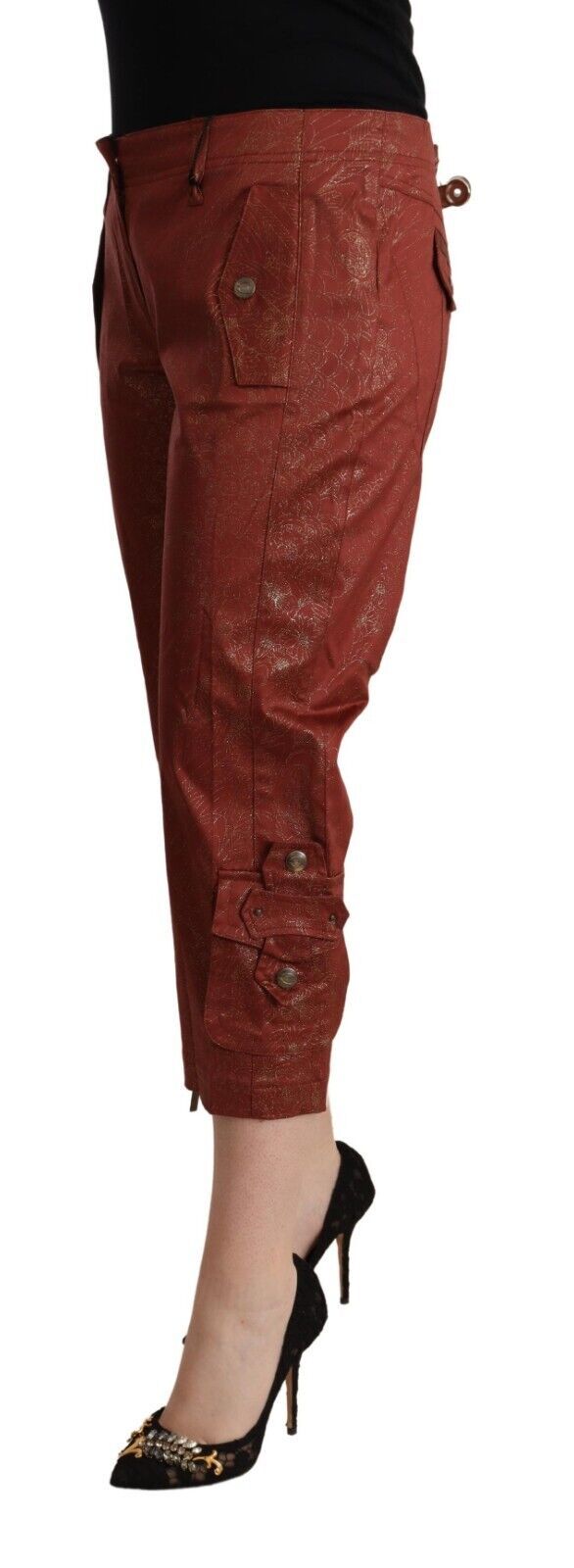 Just Cavalli | Brown Lurex Mid Waist Cotton Cropped Capri Pants