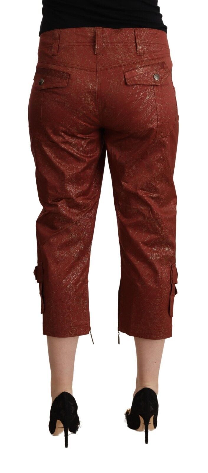 Just Cavalli | Brown Lurex Mid Waist Cotton Cropped Capri Pants