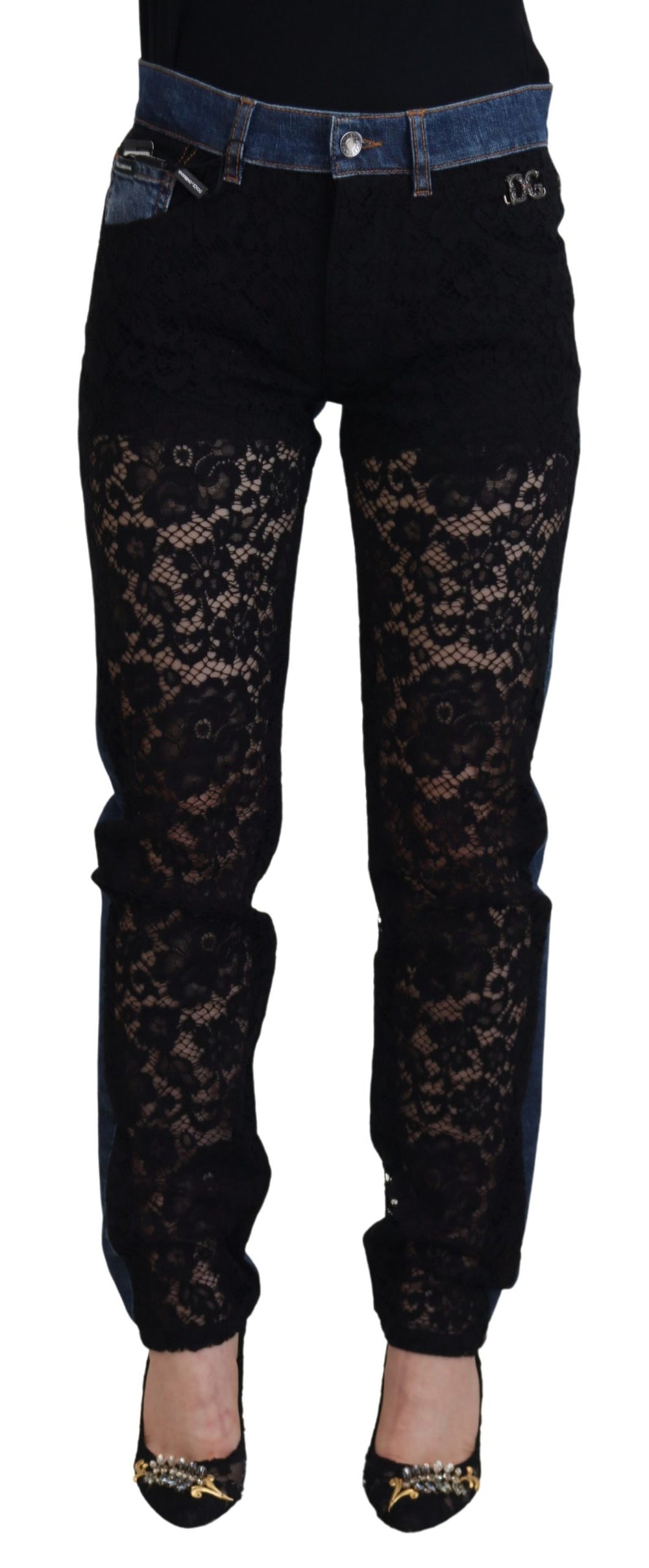 Dolce & Gabbana | Black Floral Lace Front Skinny Denim Jeans