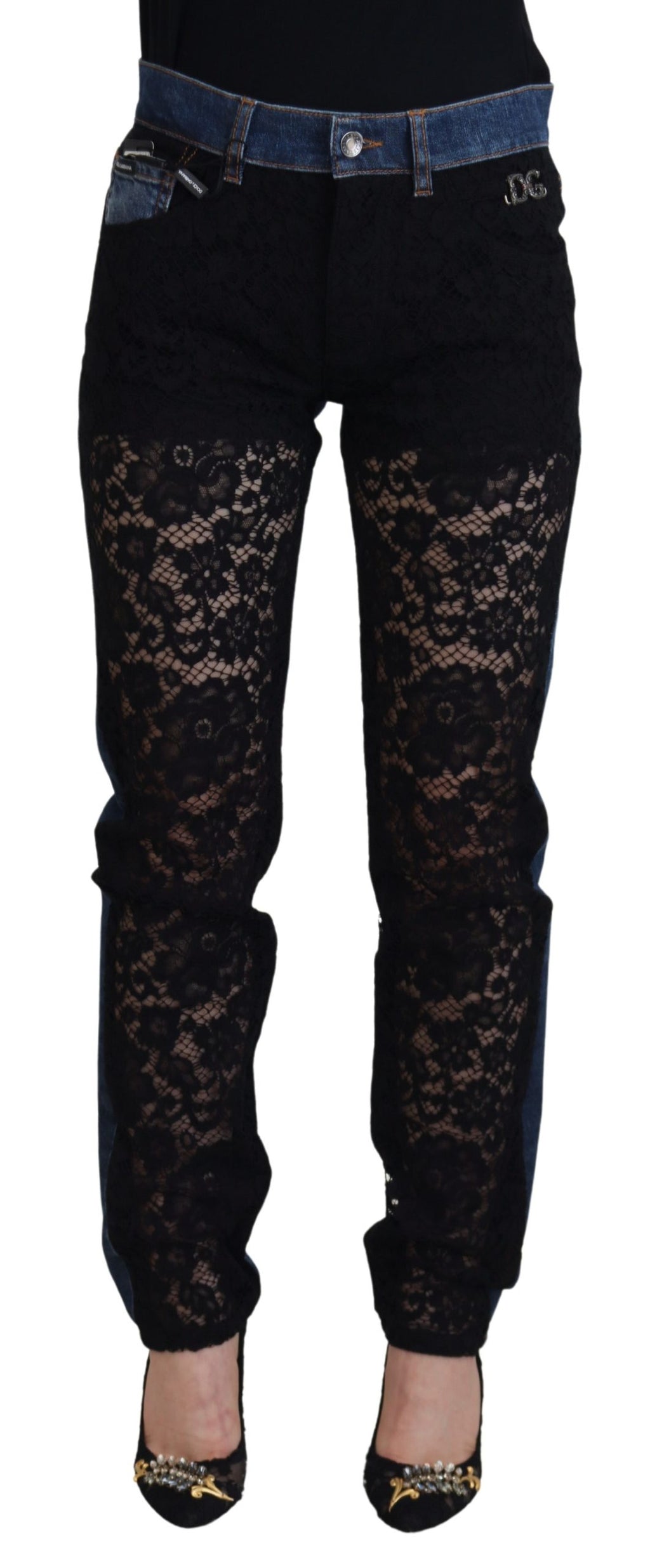 Dolce & Gabbana | Black Floral Lace Front Skinny Denim Jeans