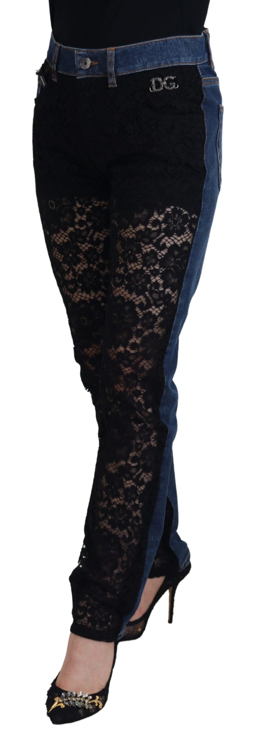 Dolce & Gabbana | Black Floral Lace Front Skinny Denim Jeans