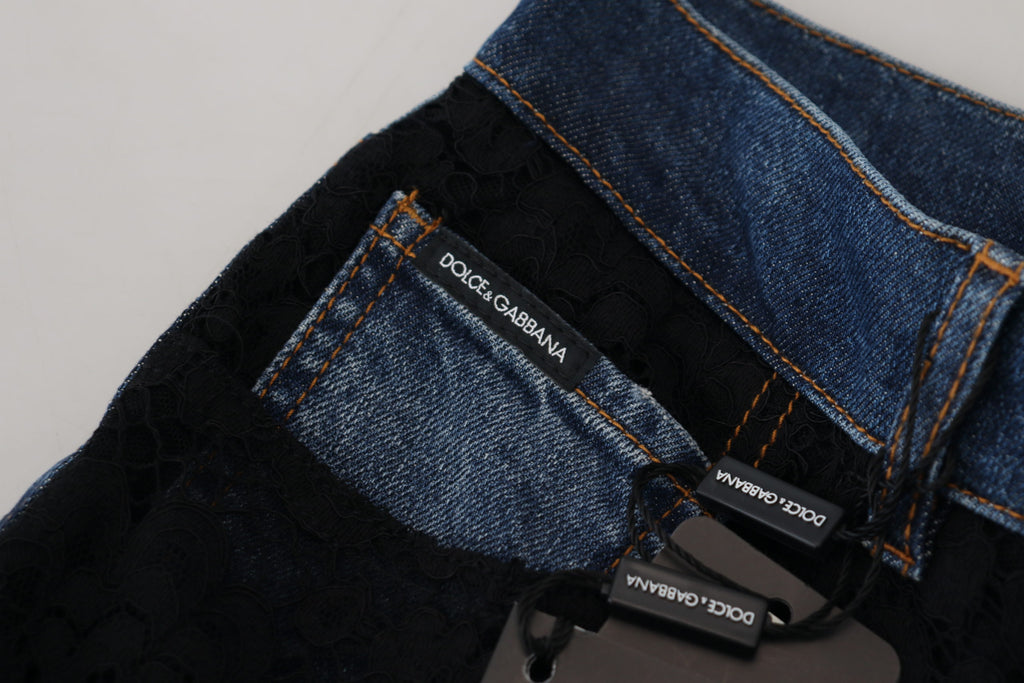 Dolce & Gabbana | Black Floral Lace Front Skinny Denim Jeans