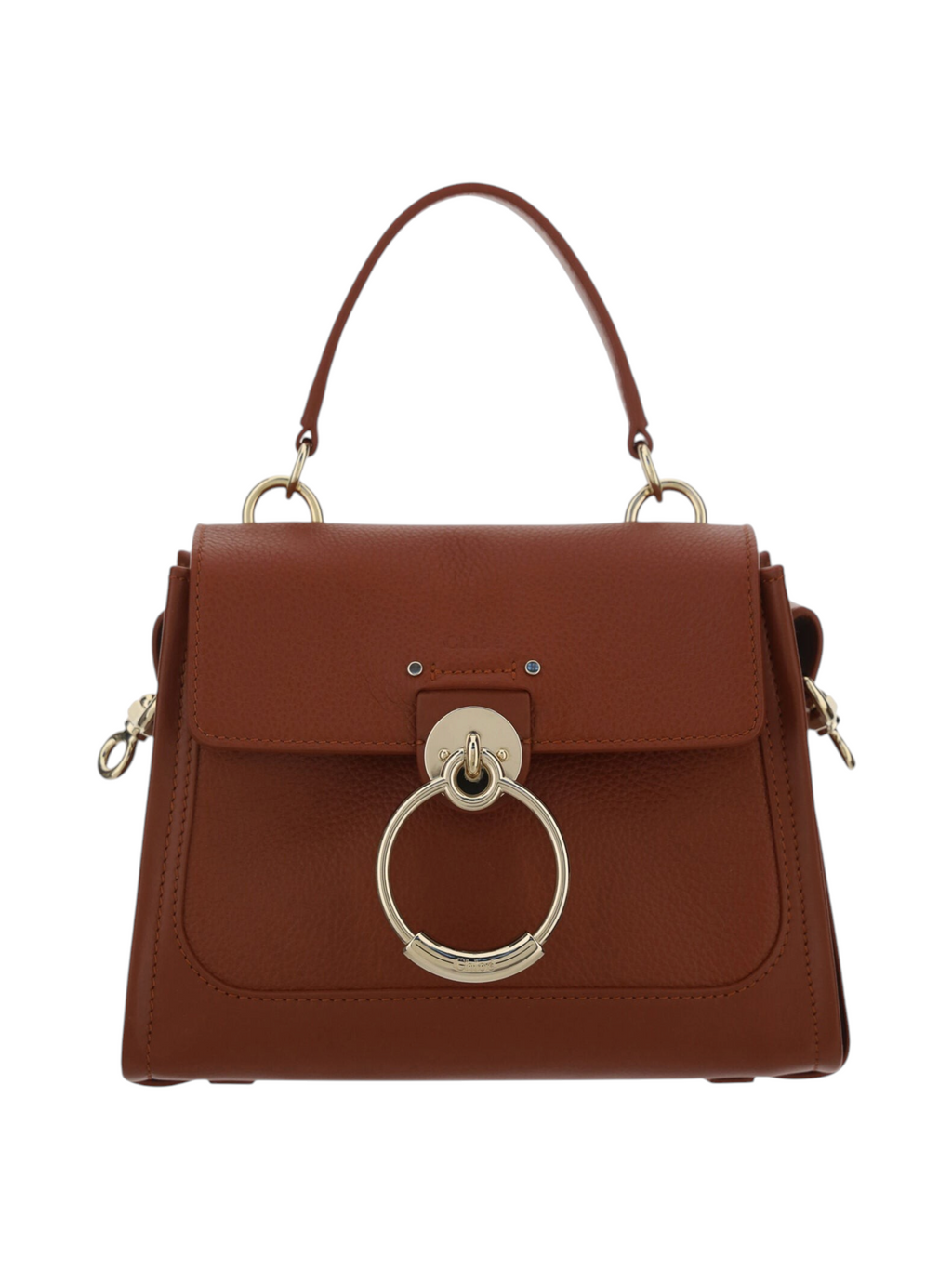 ELEGANT WHISPERS Chloé Tess handbag in sepia brown calf leather with a signature gold metal ring and top handle.