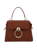 ELEGANT WHISPERS Chloé Tess handbag in sepia brown calf leather with a signature gold metal ring and top handle.