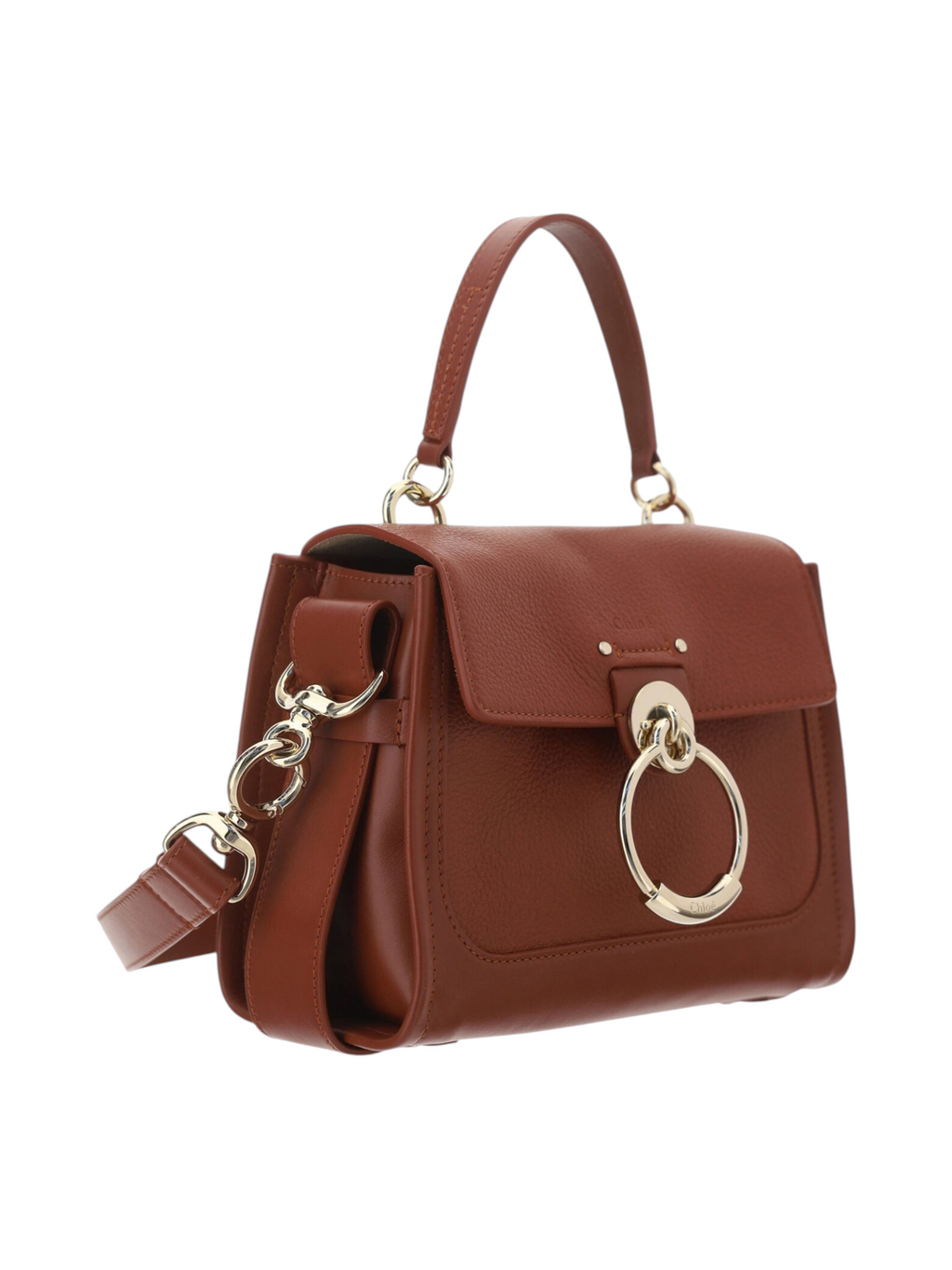 ELEGANT WHISPERS Chloé Tess handbag in sepia brown calf leather with gold-tone ring hardware and shoulder strap.