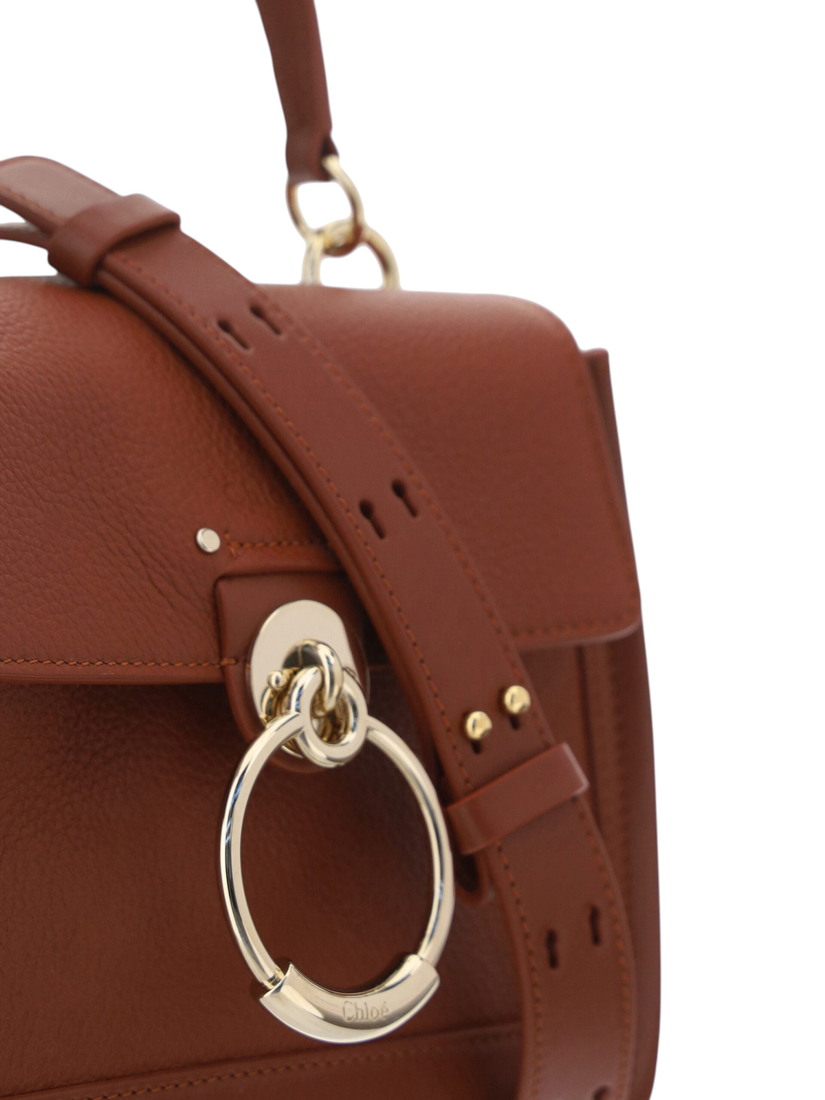 ELEGANT WHISPERS Chloé Tess handbag in sepia brown calf leather with gold-tone ring hardware and adjustable strap.