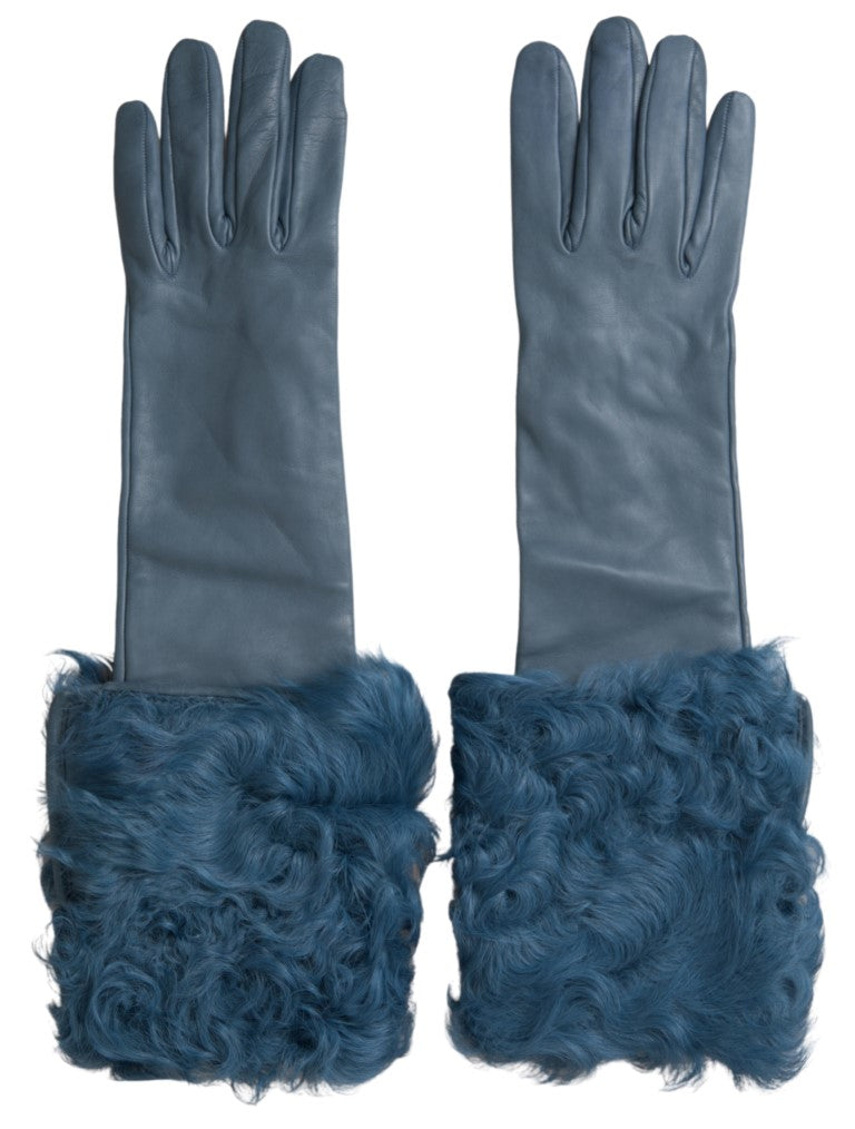 Dolce & Gabbana | Blue Leather Fur Mid Arm Length Gloves