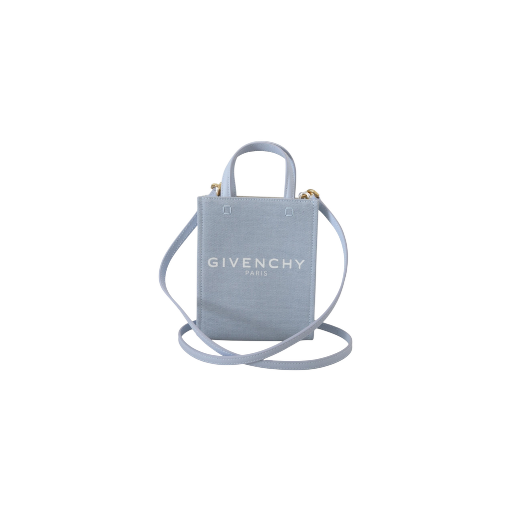 ELEGANT WHISPERS Givenchy cloud blue cotton canvas mini vertical shoulder bag with top handles and logo print
