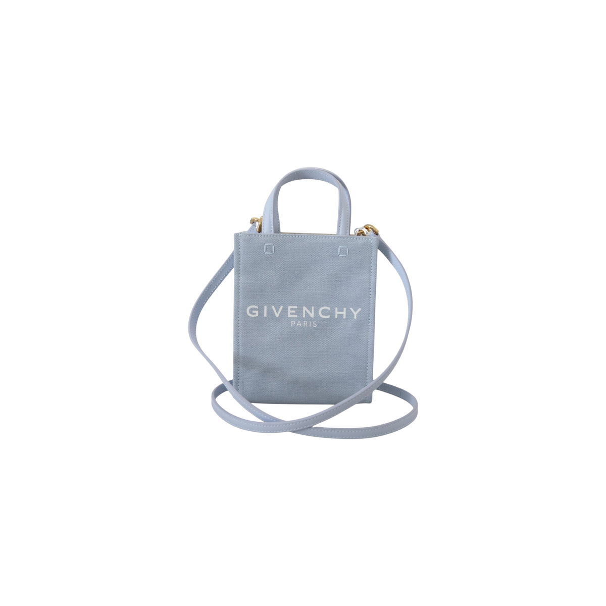 ELEGANT WHISPERS Givenchy cloud blue cotton canvas mini vertical shoulder bag with top handles and logo print