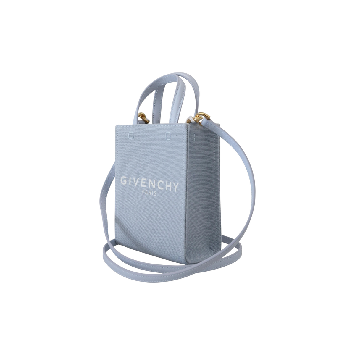 ELEGANT WHISPERS Givenchy cloud blue cotton canvas vertical mini shoulder bag with top handles and logo detail