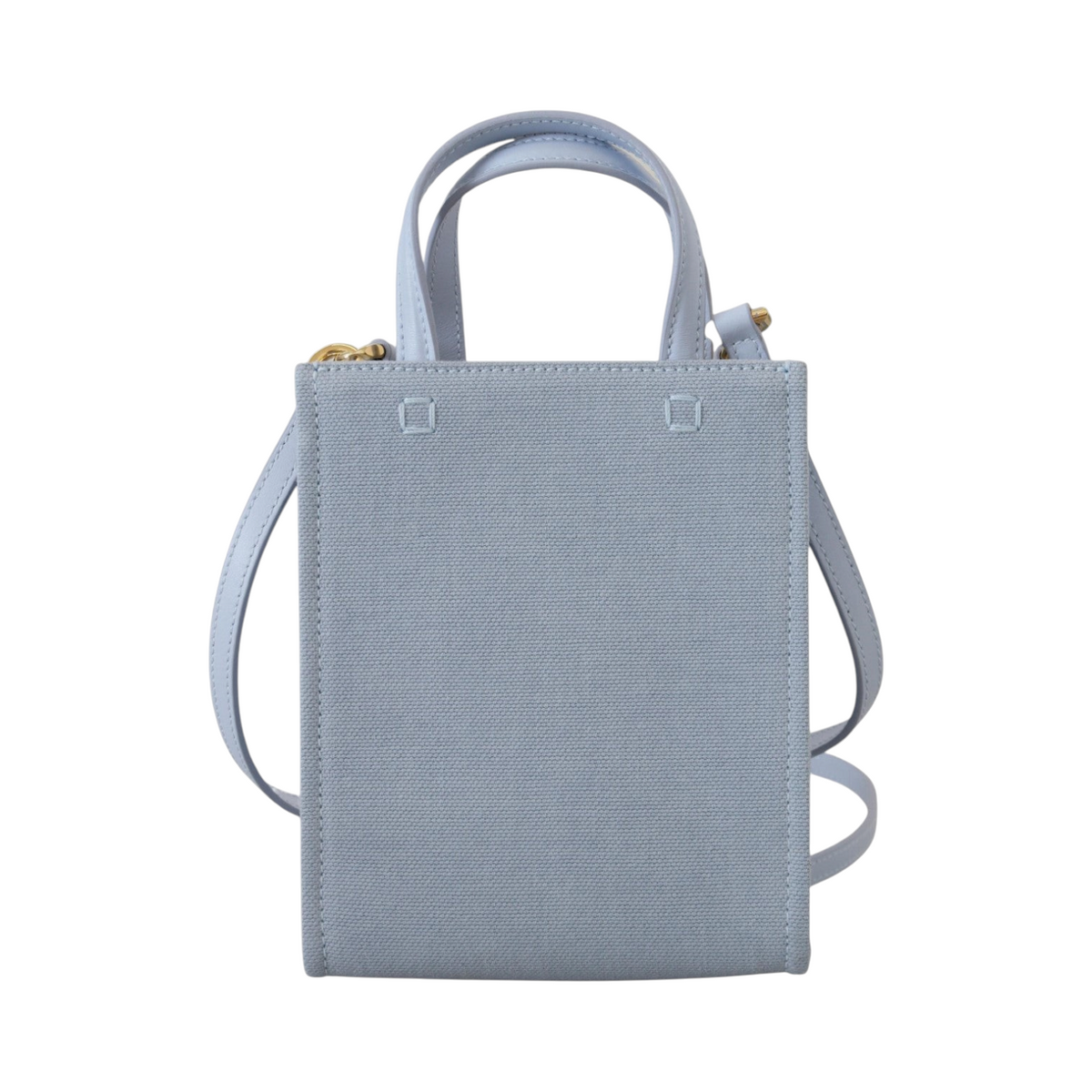 ELEGANT WHISPERS Givenchy cloud blue cotton canvas vertical mini shoulder bag with top handles and gold hardware