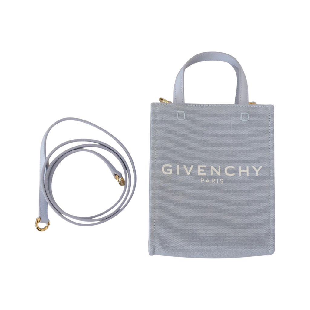 ELEGANT WHISPERS Givenchy cloud blue cotton vertical mini shoulder bag with top handles and detachable strap