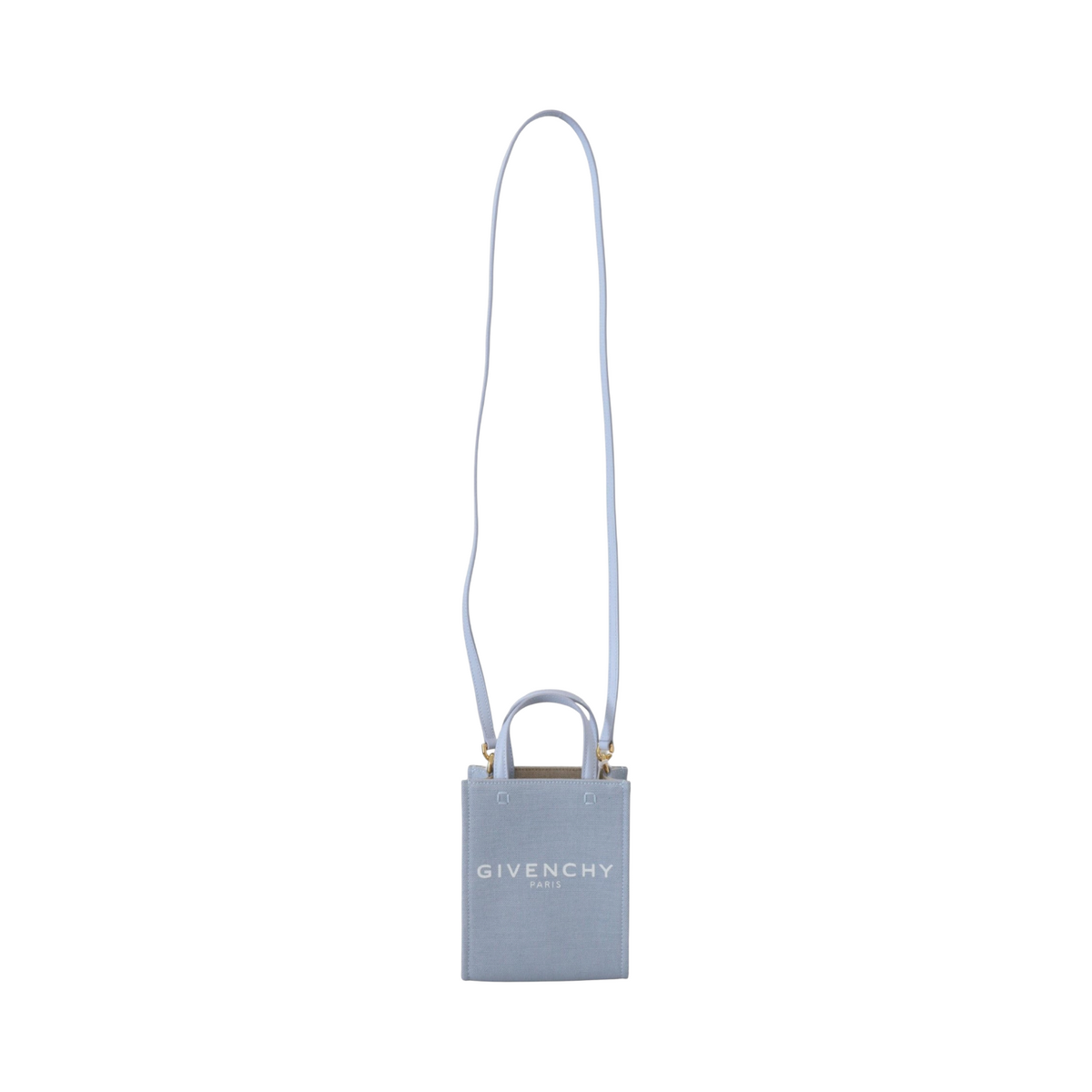 ELEGANT WHISPERS Givenchy cloud blue cotton canvas mini vertical shoulder bag with top handles and logo detail