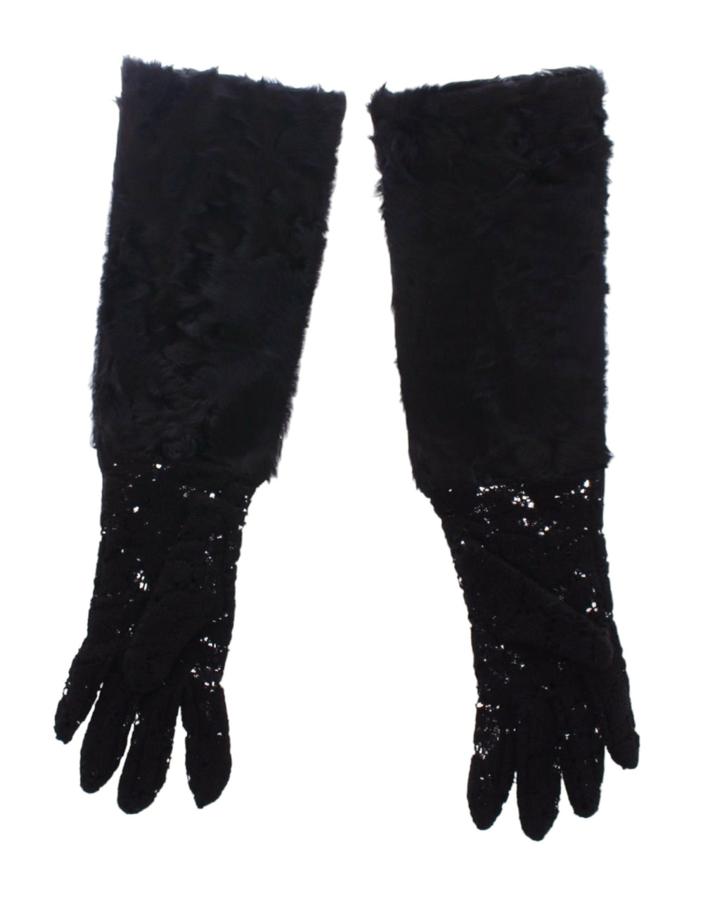 Dolce & Gabbana | Black Lace Wool Lambskin Fur Elbow Gloves