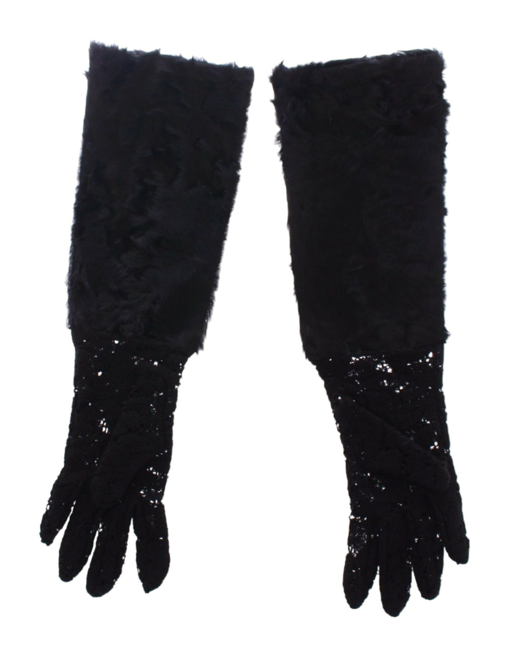 Dolce & Gabbana | Black Lace Wool Lambskin Fur Elbow Gloves