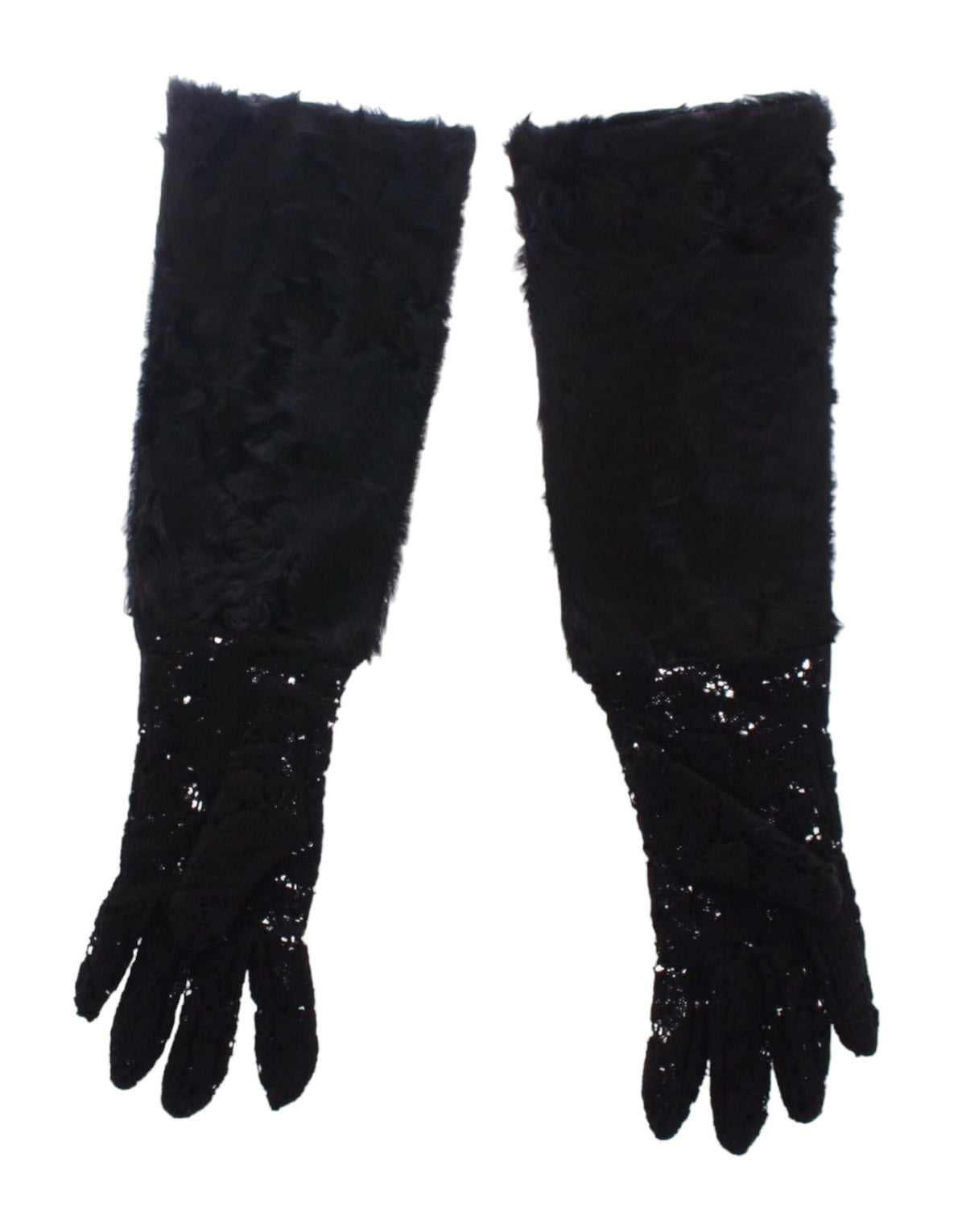 Dolce & Gabbana | Black Lace Wool Lambskin Fur Elbow Gloves