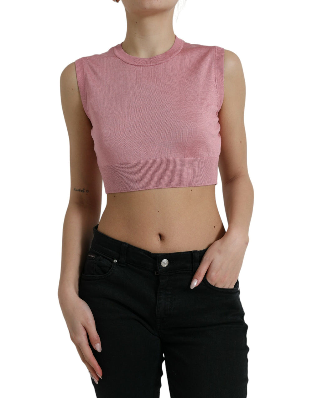 Dolce & Gabbana | Pink Crew Neck Cropped Sleeveless Tank Top