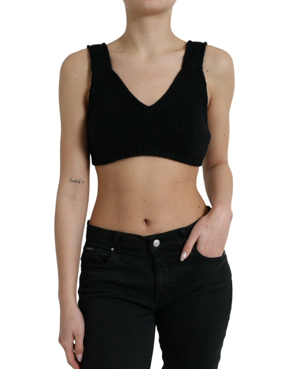 Dolce & Gabbana | Black Cropped Cashmere V-neck Bustier Top