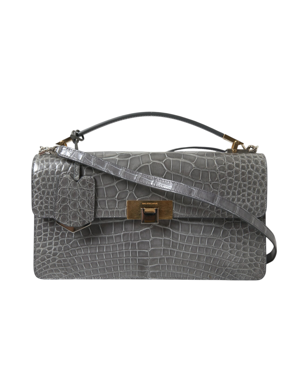 ELEGANT WHISPERS Balenciaga gray alligator leather medium shoulder bag with gold-tone hardware and magnet closure.