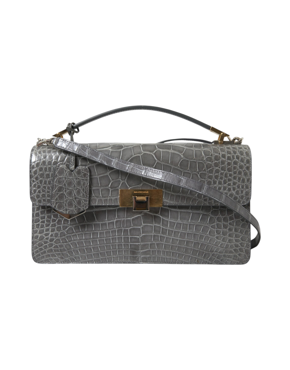 ELEGANT WHISPERS Balenciaga gray alligator leather medium shoulder bag with gold-tone hardware and magnet closure.