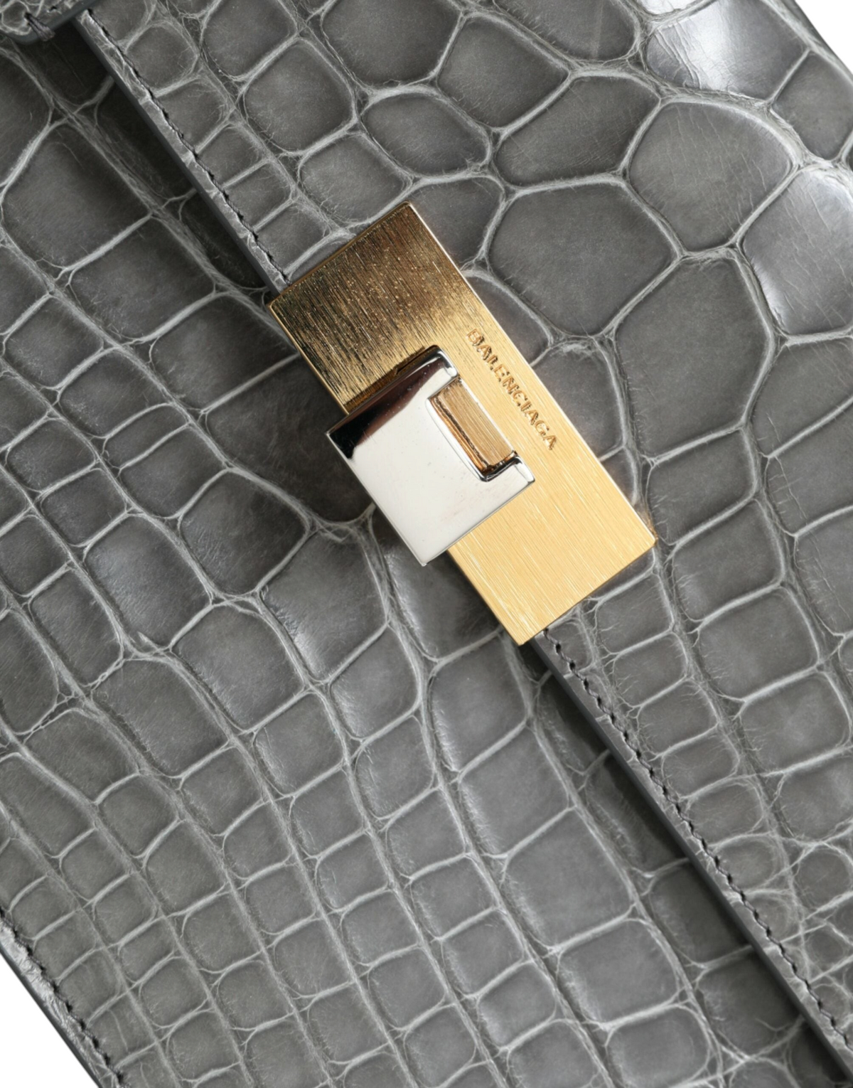 ELEGANT WHISPERS Balenciaga gray alligator leather shoulder bag with gold and silver metal logo clasp detail