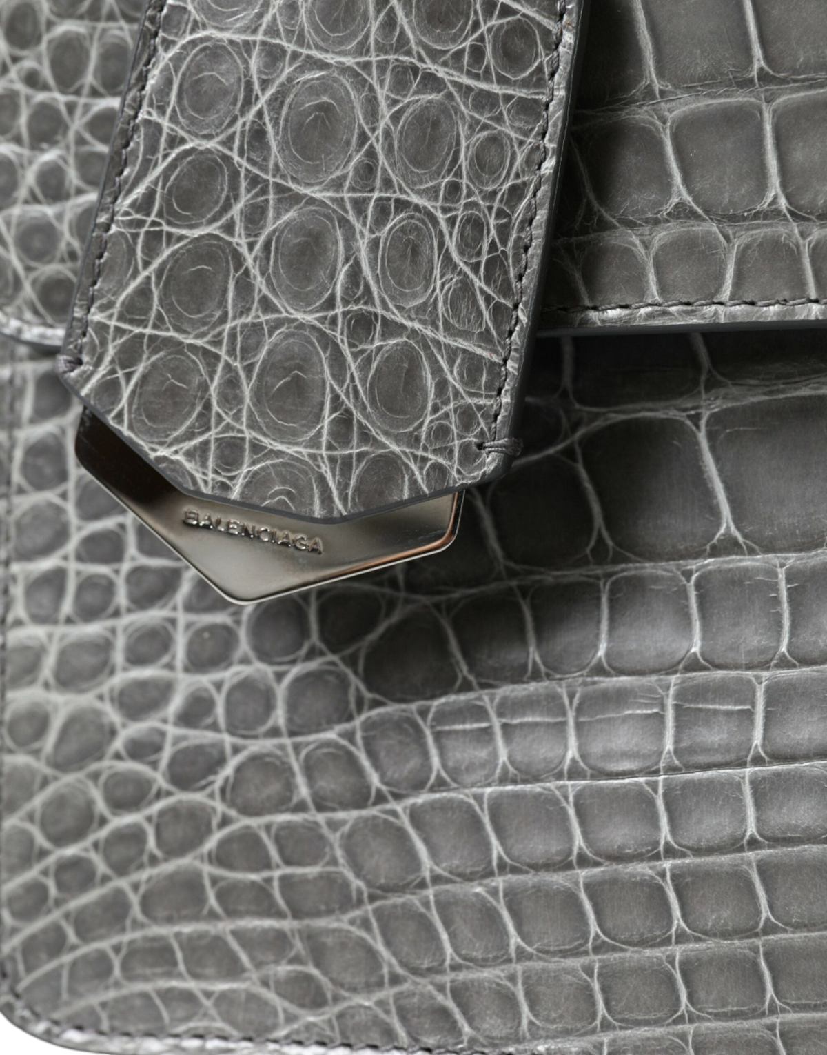 ELEGANT WHISPERS Balenciaga gray alligator leather shoulder bag with metallic logo detail and magnetic closure