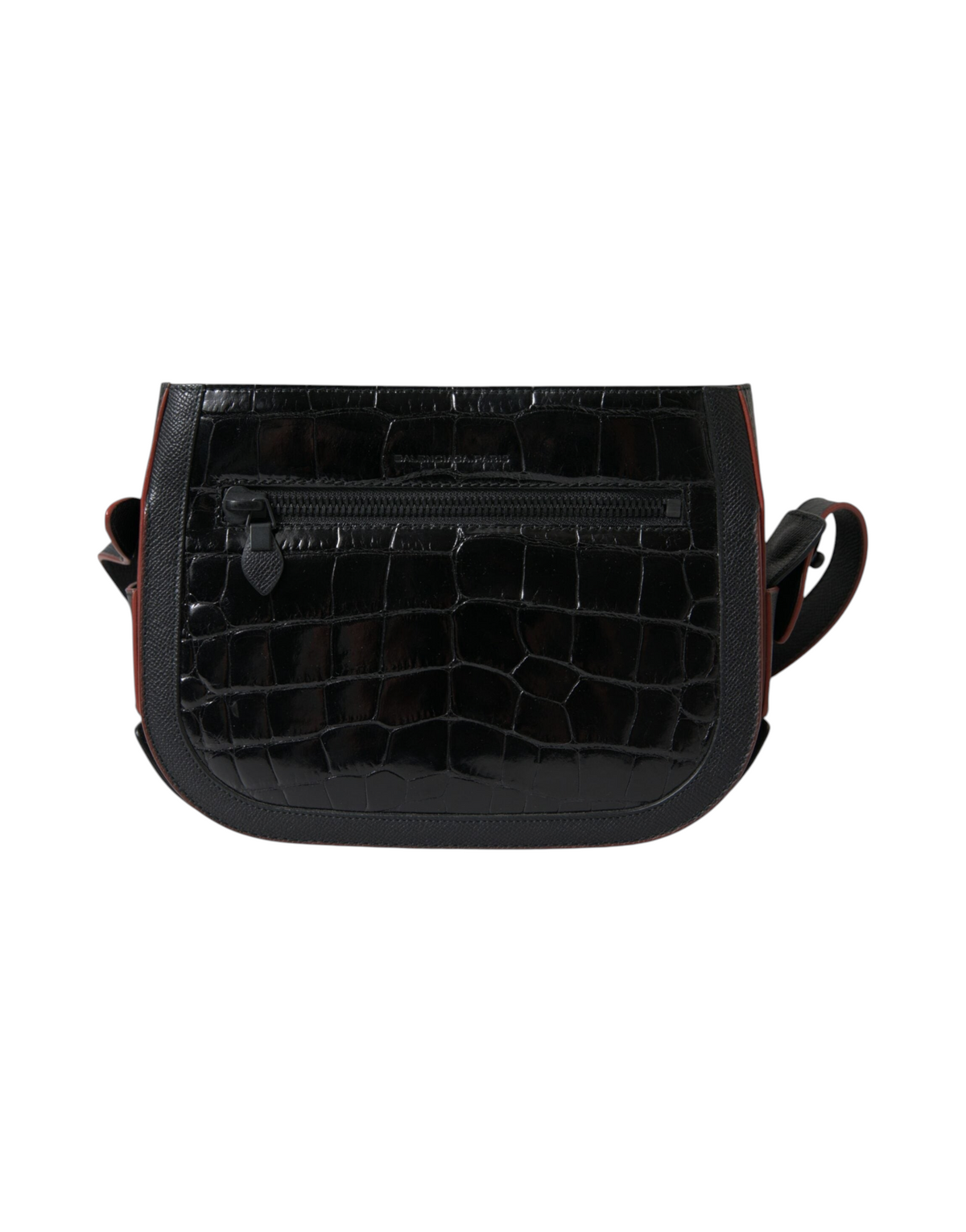 ELEGANT WHISPERS Balenciaga black crocodile-embossed leather camera bag with shoulder strap and front zip pocket