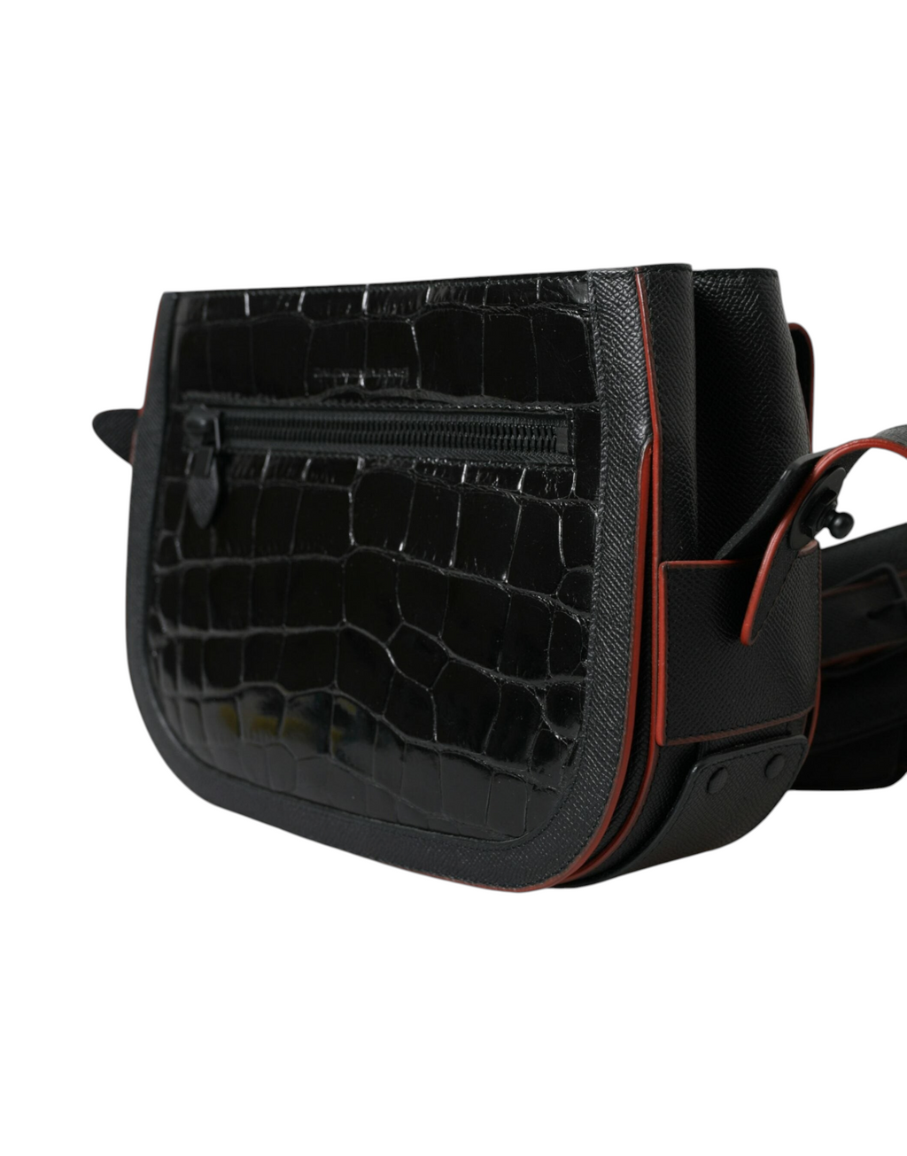 ELEGANT WHISPERS Balenciaga black crocodile embossed leather camera bag with side view and red piping detail.