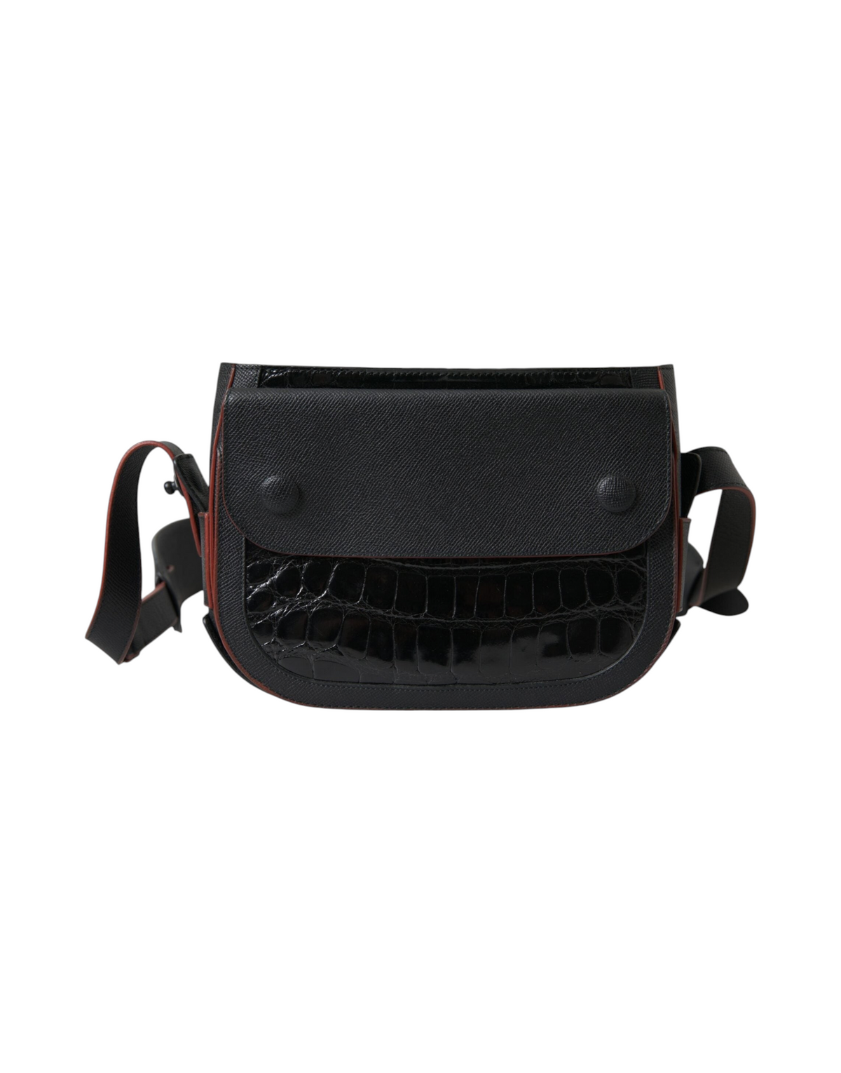 ELEGANT WHISPERS Balenciaga black crocodile leather camera bag with snap button closure and shoulder strap