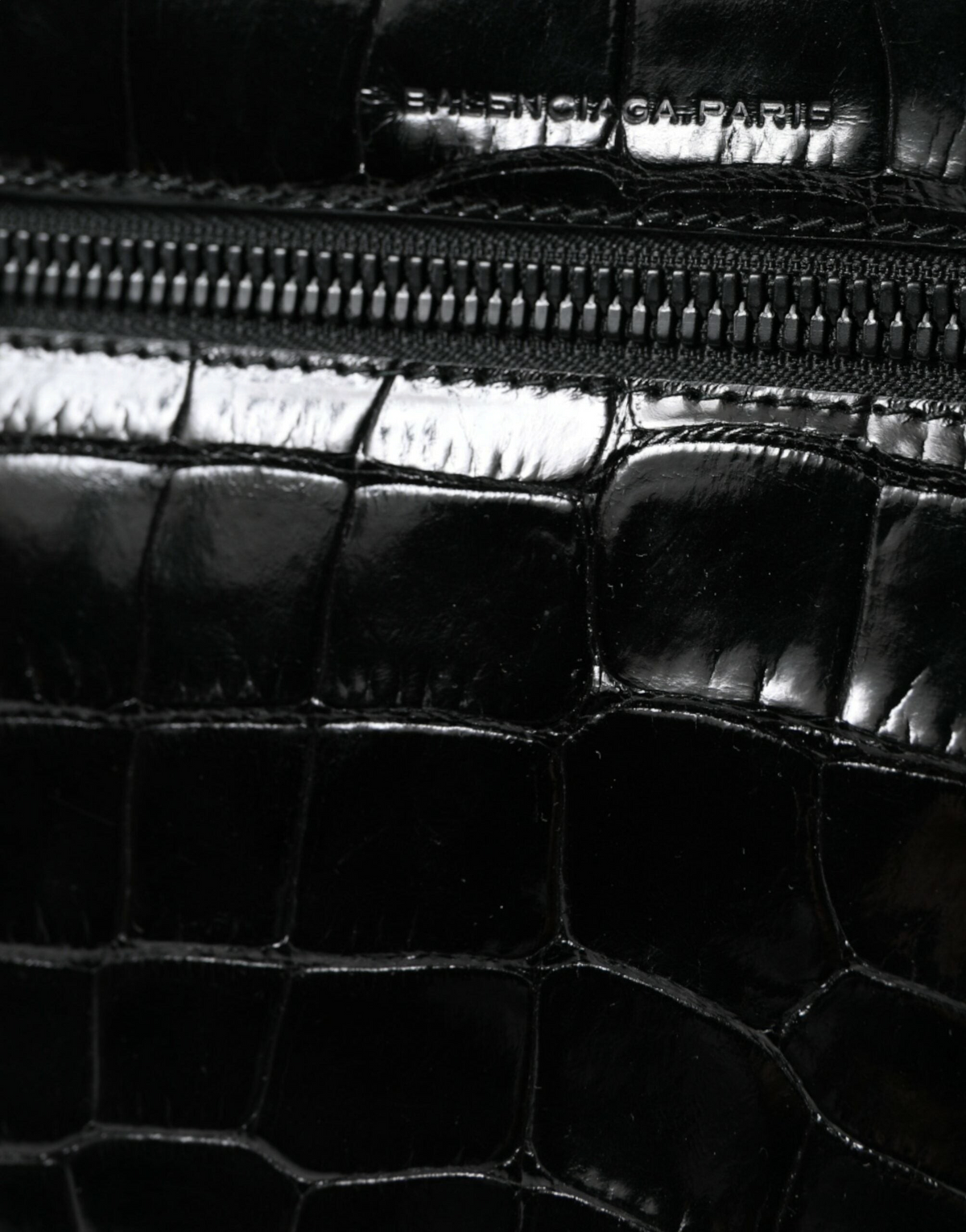 ELEGANT WHISPERS Balenciaga black crocodile embossed leather camera bag with zipper detail and logo