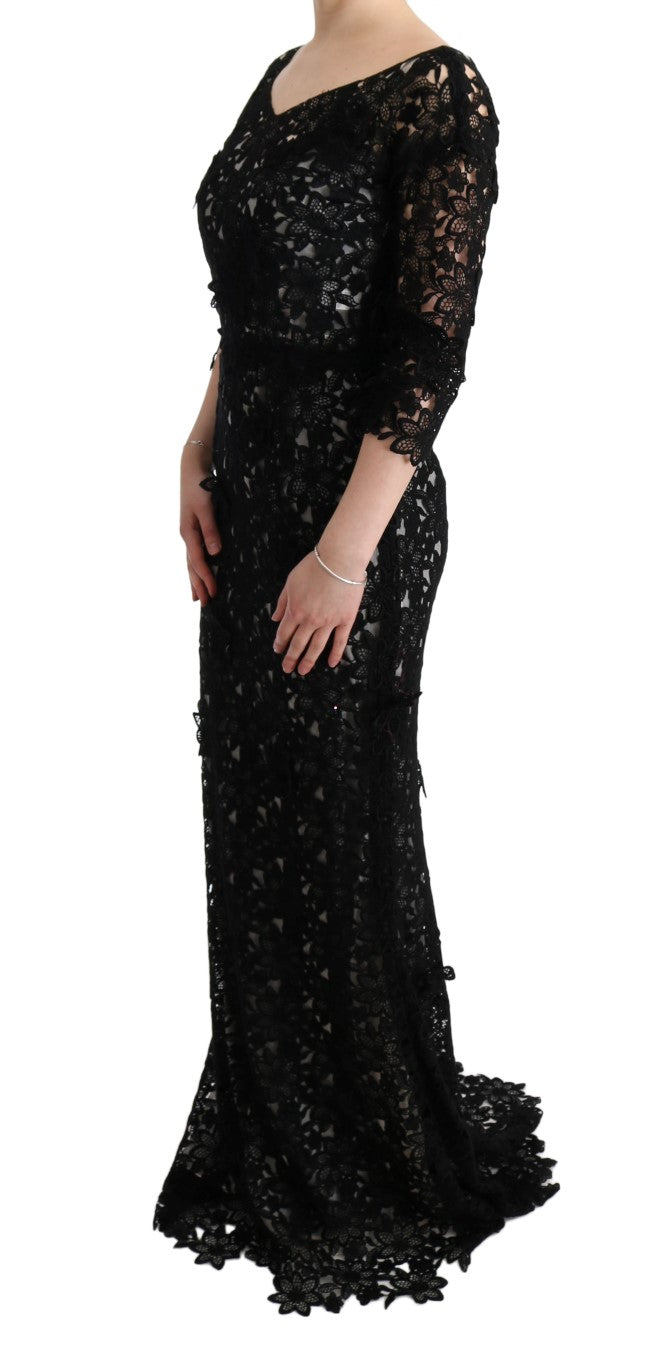 Dolce & Gabbana | Black Cotton Silk Floral Long Dress