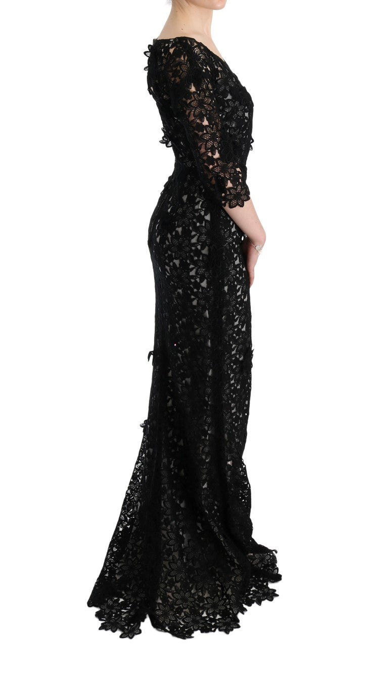 Dolce & Gabbana | Black Cotton Silk Floral Long Dress