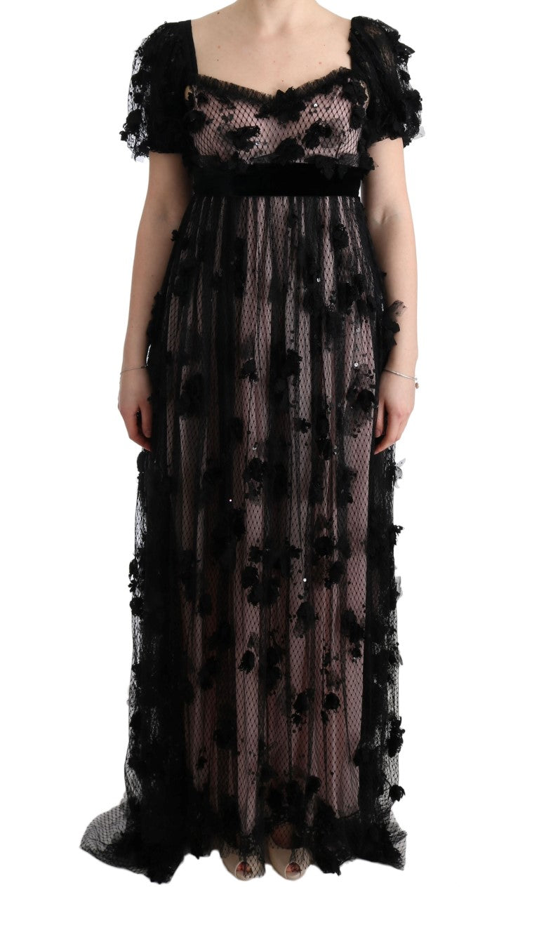 Dolce & Gabbana | Black Pink Silk Applique Shift Dress