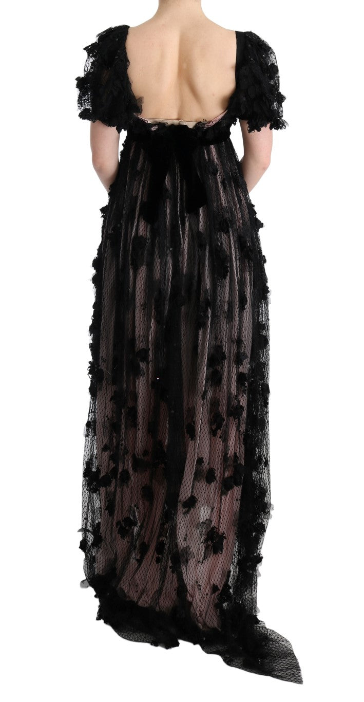 Dolce & Gabbana | Black Pink Silk Applique Shift Dress