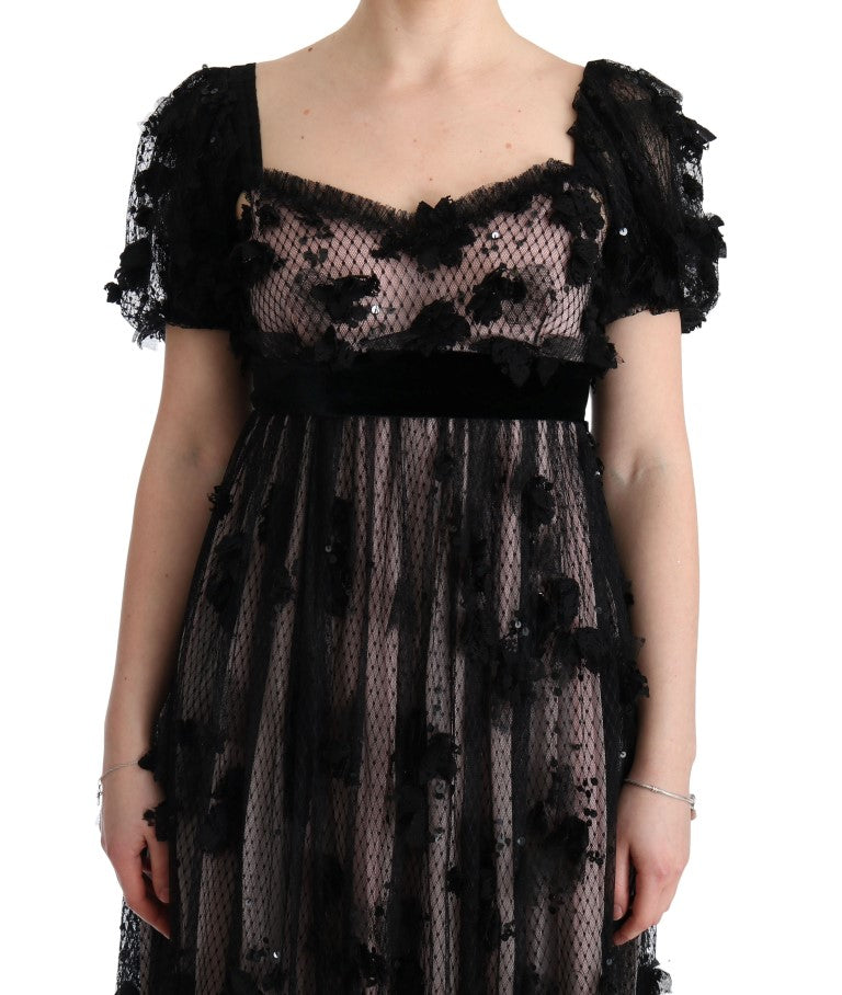 Dolce & Gabbana | Black Pink Silk Applique Shift Dress