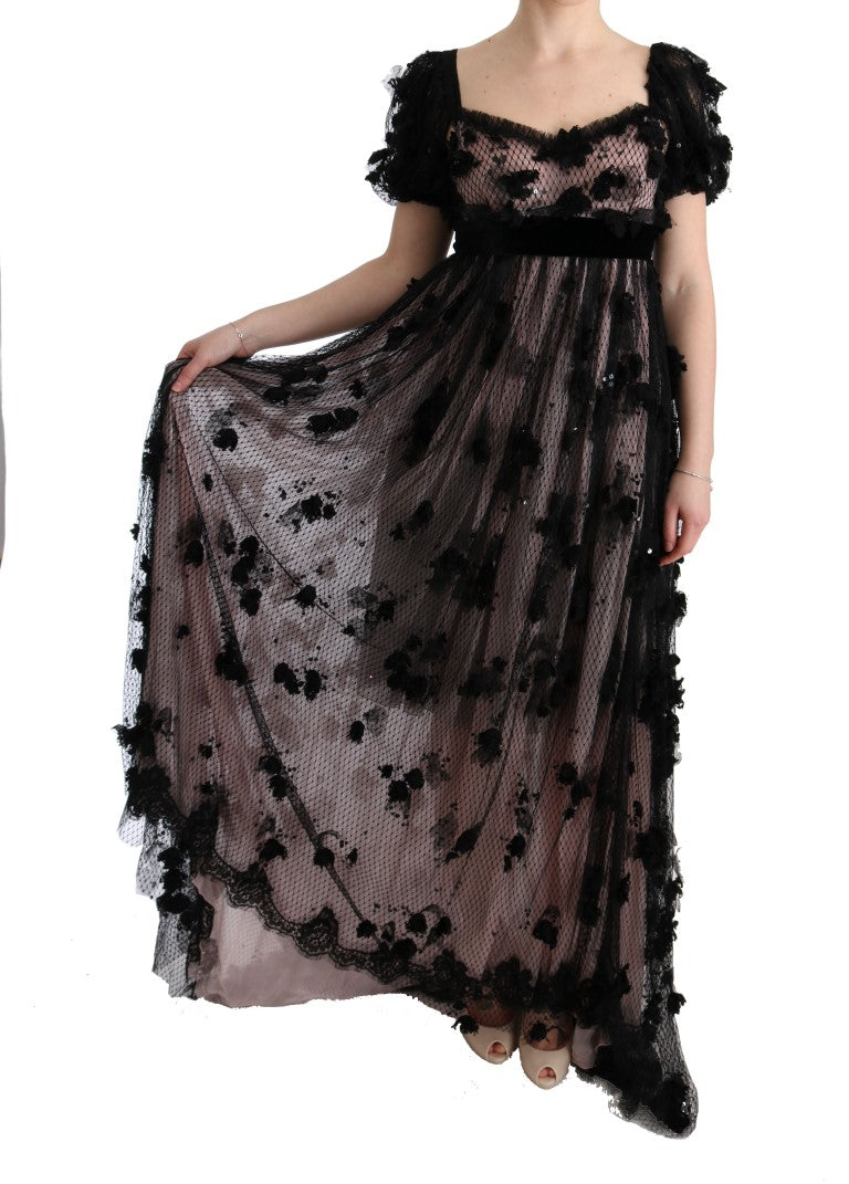 Dolce & Gabbana | Black Pink Silk Applique Shift Dress