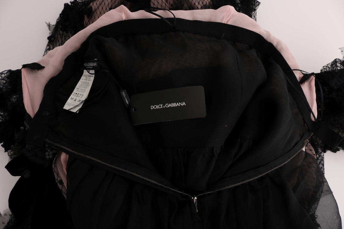 Dolce & Gabbana | Black Pink Silk Applique Shift Dress