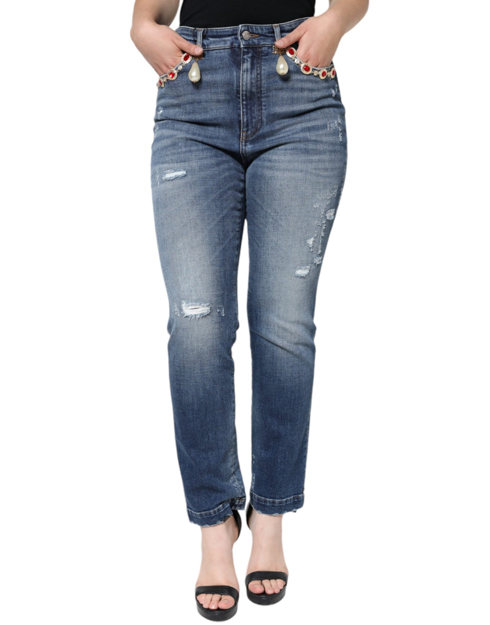 Dolce & Gabbana | Dark Blue Cotton Tattered Skinny Denim Jeans