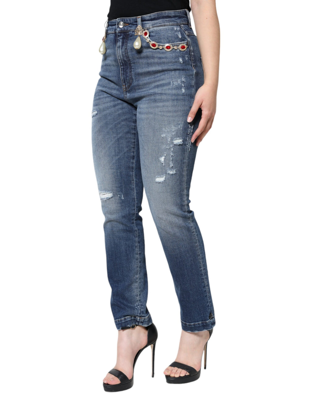 Dolce & Gabbana | Dark Blue Cotton Tattered Skinny Denim Jeans