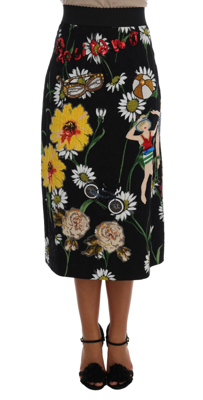 Dolce & Gabbana | Black Embellished Daisy Brocade Skirt