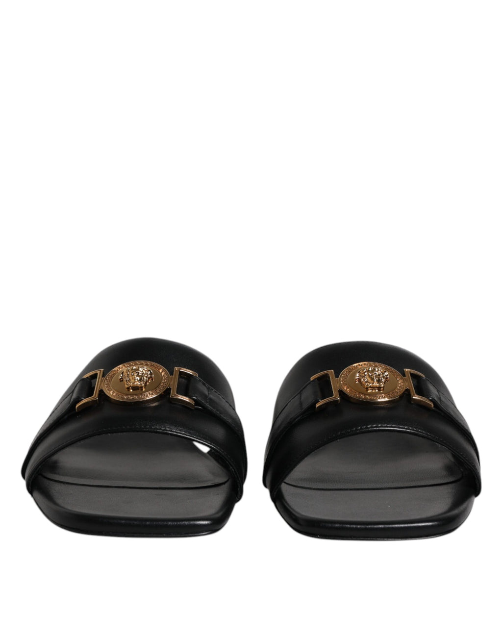 Versace | Black Leather Logo Plaque Slip On Slides Flats Shoes