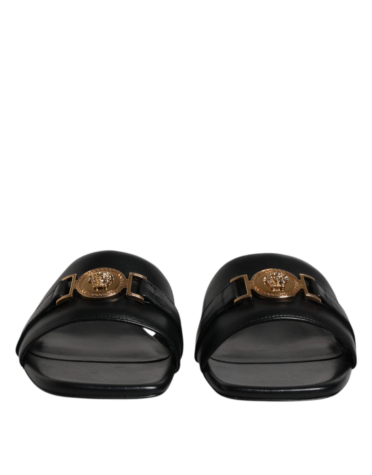 Versace | Black Leather Logo Plaque Slip On Slides Flats Shoes