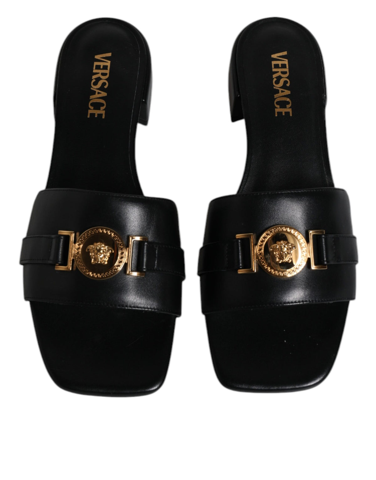 Versace | Black Leather Logo Plaque Slip On Slides Flats Shoes