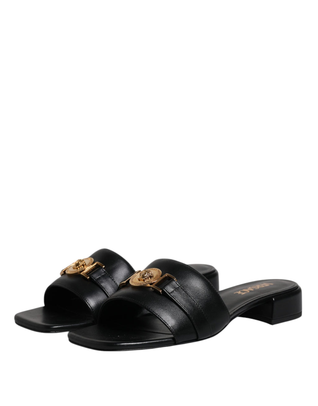 Versace | Black Leather Logo Plaque Slip On Slides Flats Shoes