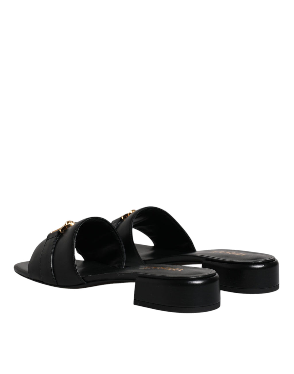 Versace | Black Leather Logo Plaque Slip On Slides Flats Shoes