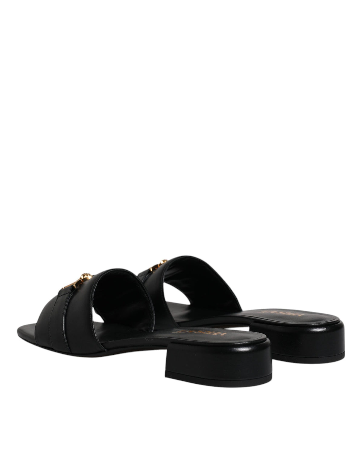 Versace | Black Leather Logo Plaque Slip On Slides Flats Shoes