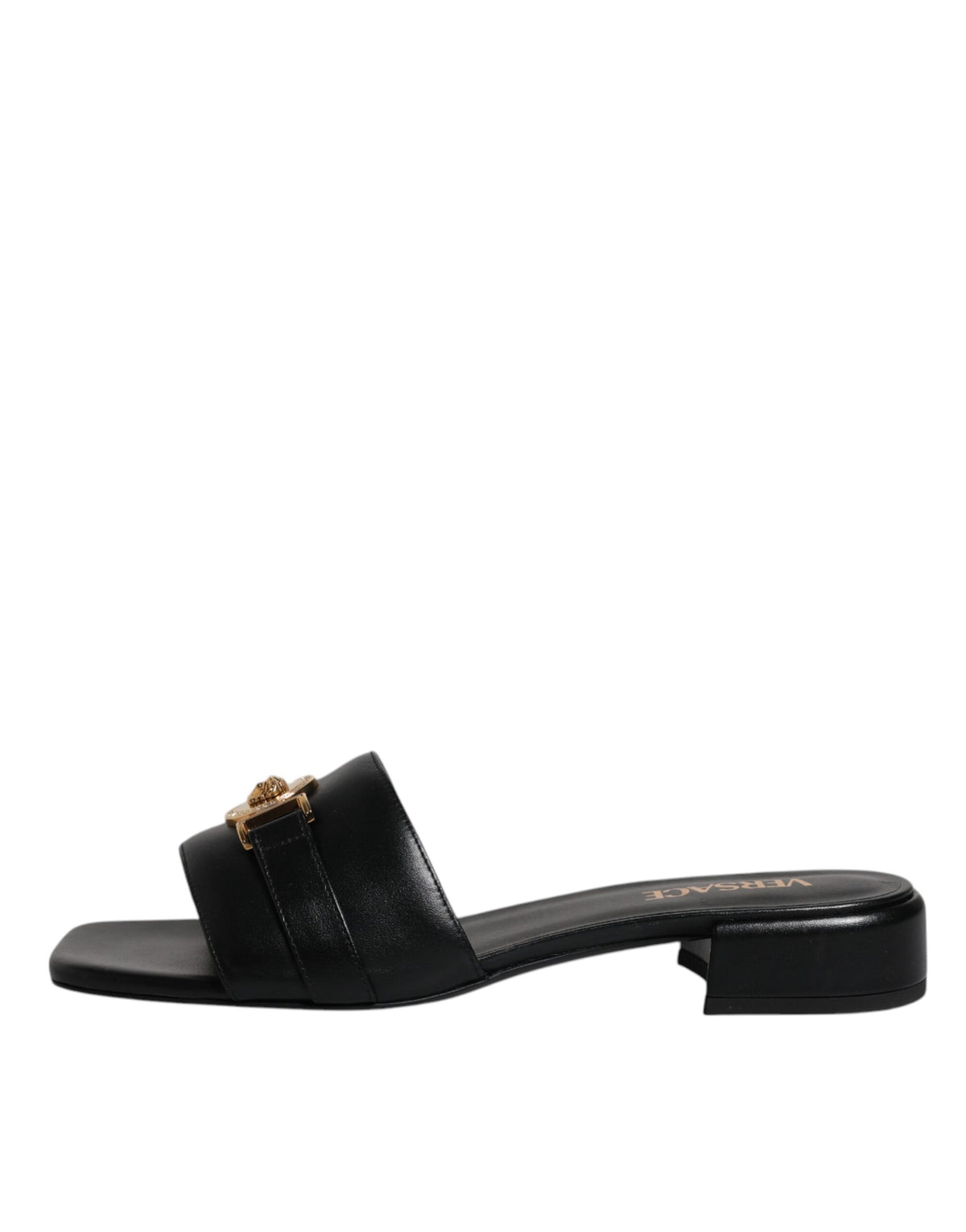 Versace | Black Leather Logo Plaque Slip On Slides Flats Shoes