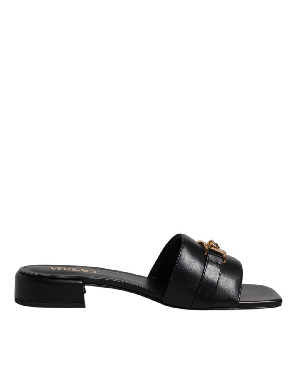 Versace | Black Leather Logo Plaque Slip On Slides Flats Shoes